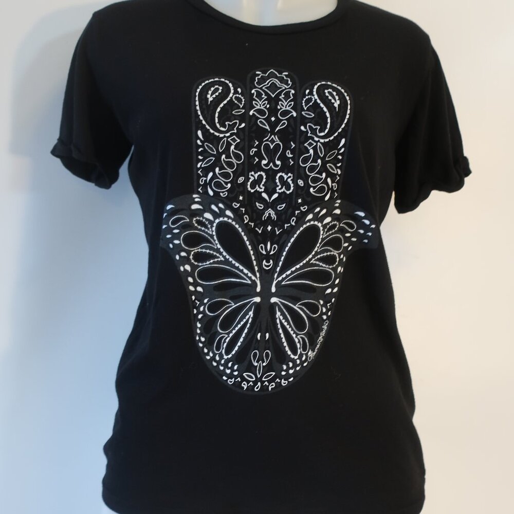 NWT Womens Lauren Moshi Black White Edda Butterfly Hamsa Graphic T-Shirt Top XS - Picture 4 of 6